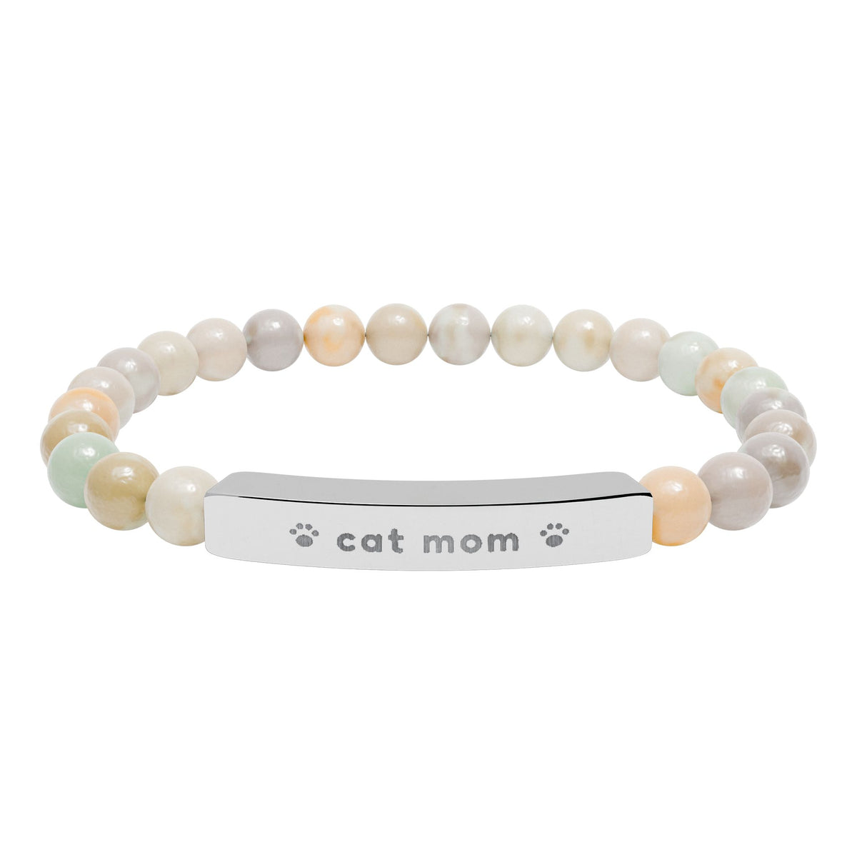 Cat Mom Bracelet, Engraved Natural Stone Bead Bracelet, Cat Lover Gift for Her, Paw Print Jewelry