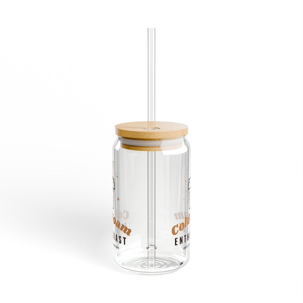 Iced Coffee Lover Gift, Cold Foam Enthusiast Glass Cup, 16oz Can Glass with Bamboo Lid and Straw, Cute Iced Latte Cup