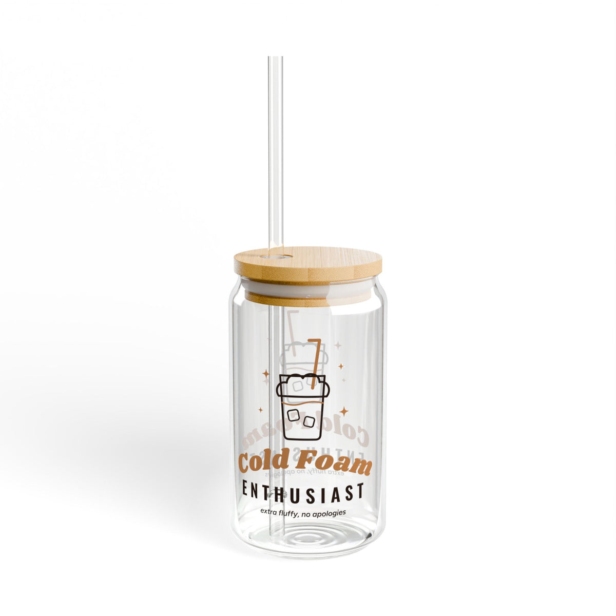Iced Coffee Lover Gift, Cold Foam Enthusiast Glass Cup, 16oz Can Glass with Bamboo Lid and Straw, Cute Iced Latte Cup