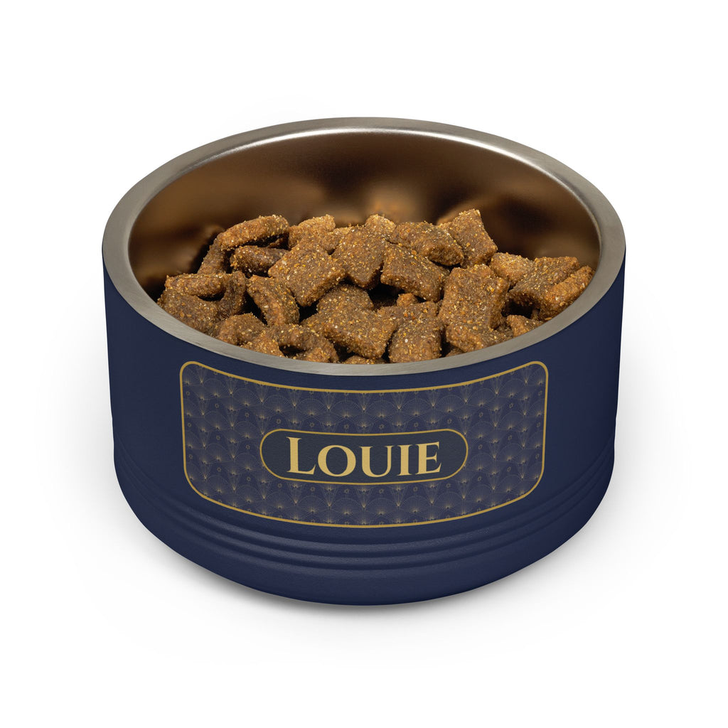 Personalized Dog Bowl with Name, Navy Stainless Steel Pet Bowl, Gold Art Deco Label, 18oz Custom Cat Food Bowl