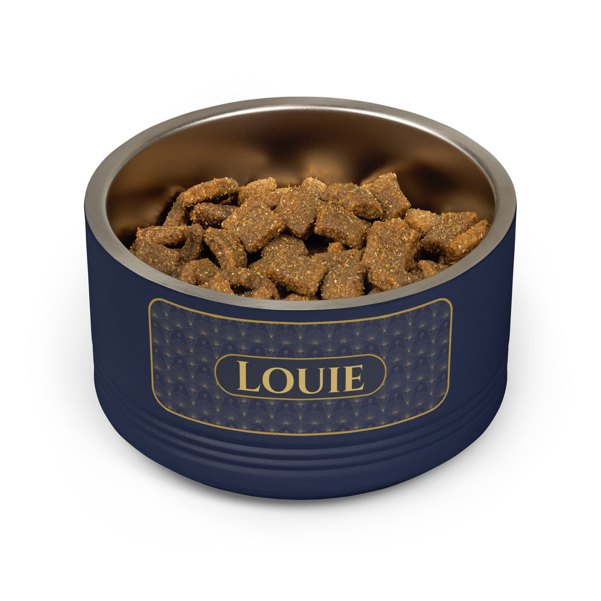 Personalized Dog Bowl with Name, Navy Stainless Steel Pet Bowl, Gold Art Deco Label, 18oz Custom Cat Food Bowl