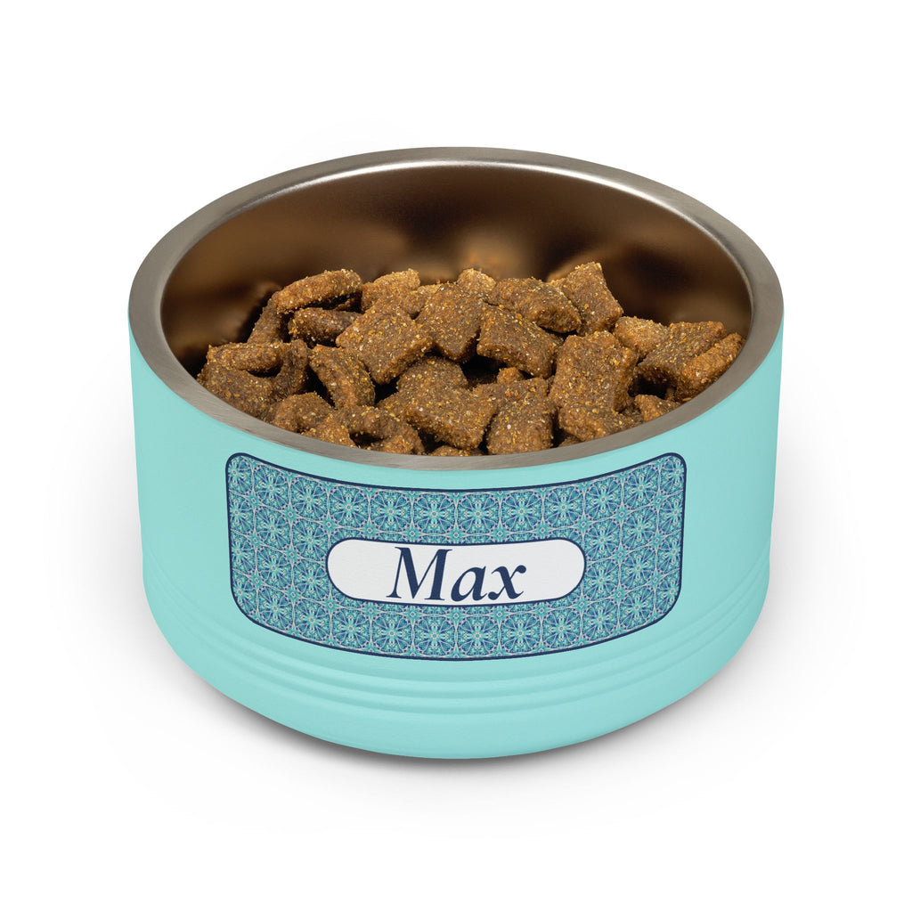 Personalized Dog Bowl with Name, Teal Stainless Steel Pet Bowl, Navy Tile Pattern Label, 18oz Custom Cat Food Bowl