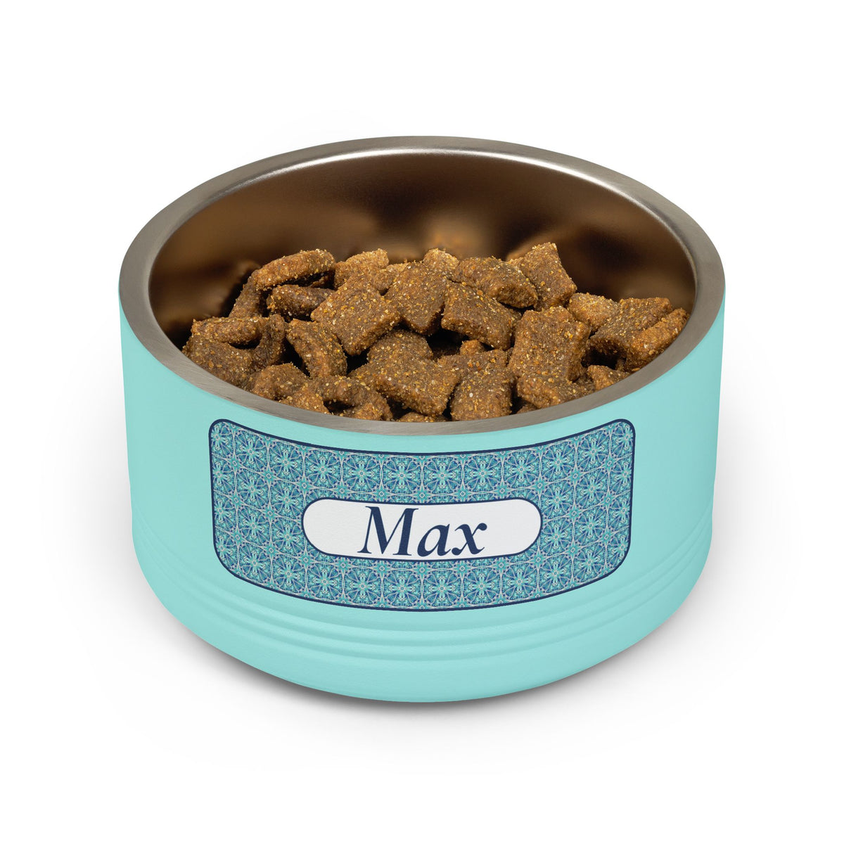 Personalized Dog Bowl with Name, Teal Stainless Steel Pet Bowl, Navy Tile Pattern Label, 18oz Custom Cat Food Bowl