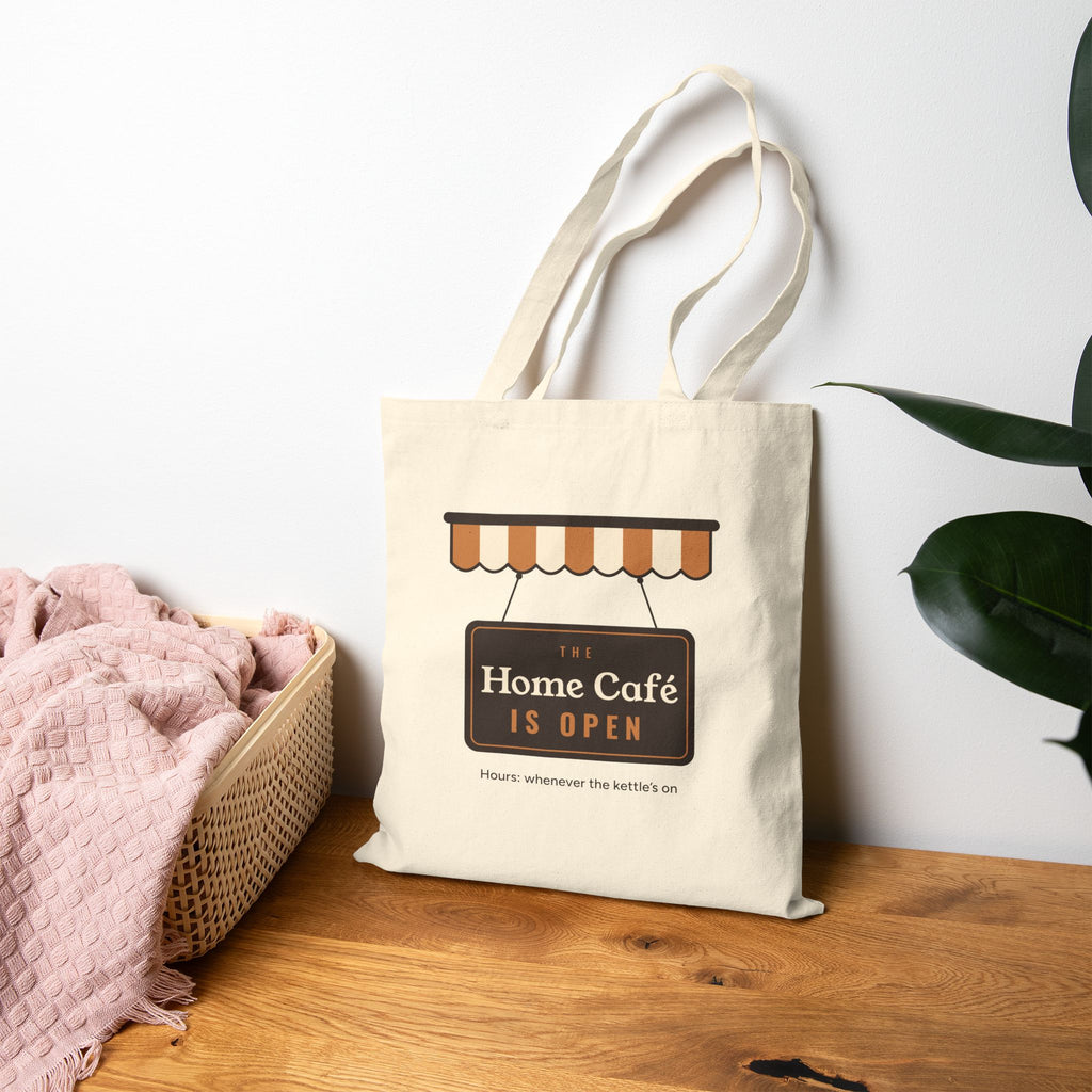 Coffee Lover Gift, The Home Café Is Open Tote Bag, Cute Coffee Shop Canvas Tote, Market Bag, Home Barista Gift for Her