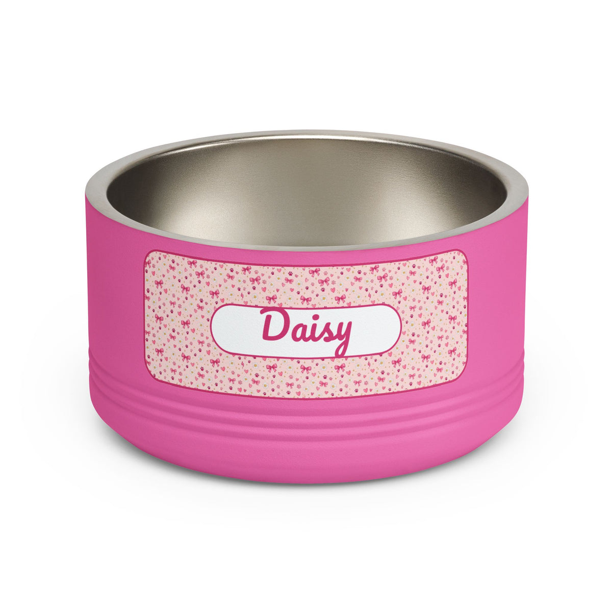 Personalized Dog Bowl with Name, Pink Stainless Steel Pet Bowl, Bow Pattern Label, 18oz Custom Cat Food Bowl