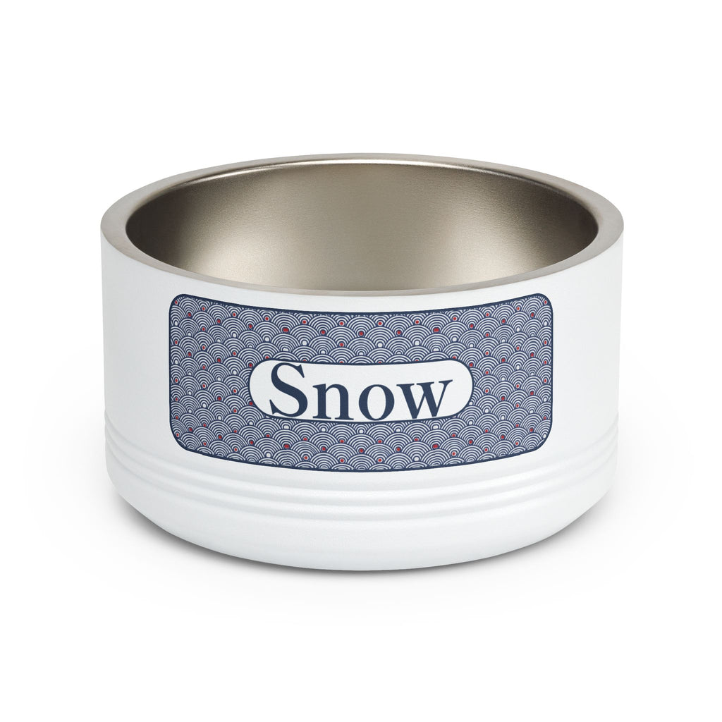 Personalized Dog Bowl with Name, White Stainless Steel Pet Bowl, Blue Wave Pattern Label, 18oz Custom Cat Food Bowl