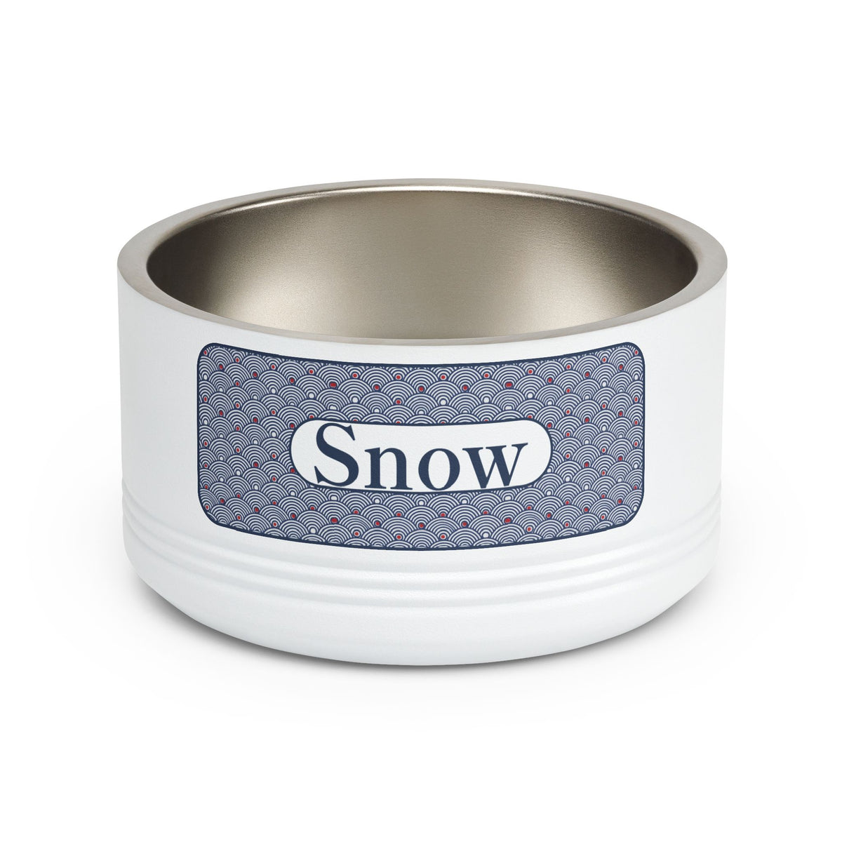 Personalized Dog Bowl with Name, White Stainless Steel Pet Bowl, Blue Wave Pattern Label, 18oz Custom Cat Food Bowl
