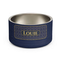 Personalized Dog Bowl with Name, Navy Stainless Steel Pet Bowl, Gold Art Deco Label, 18oz Custom Cat Food Bowl