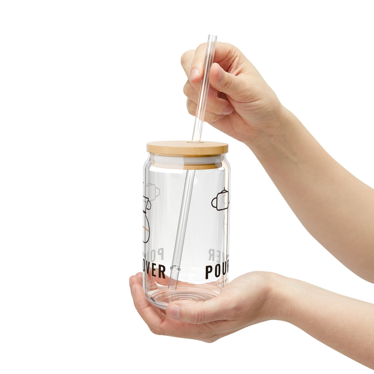 Coffee Lover Gift, Powered by Pour-Over Glass Cup, 16oz Can Glass with Lid and Straw, Pour Over Coffee Gift, Iced Coffee Cup