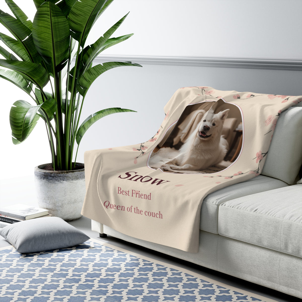 Premium Japanese Cherry Blossom Pet Photo Blanket, Sakura Custom Dog Blanket, Personalized Name Throw, Gift for Dog Mom