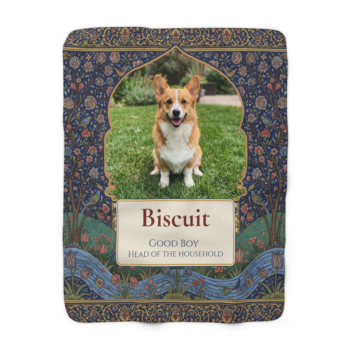 Premium Custom Pet Photo Blanket, Persian Garden Art Dog Blanket, Personalized Name Throw, Unique Dog Mom Gift, Persian Miniature Style