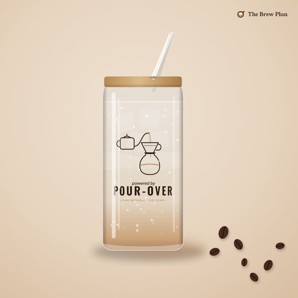 Coffee Lover Gift, Powered by Pour-Over Glass Cup, 16oz Can Glass with Lid and Straw, Pour Over Coffee Gift, Iced Coffee Cup