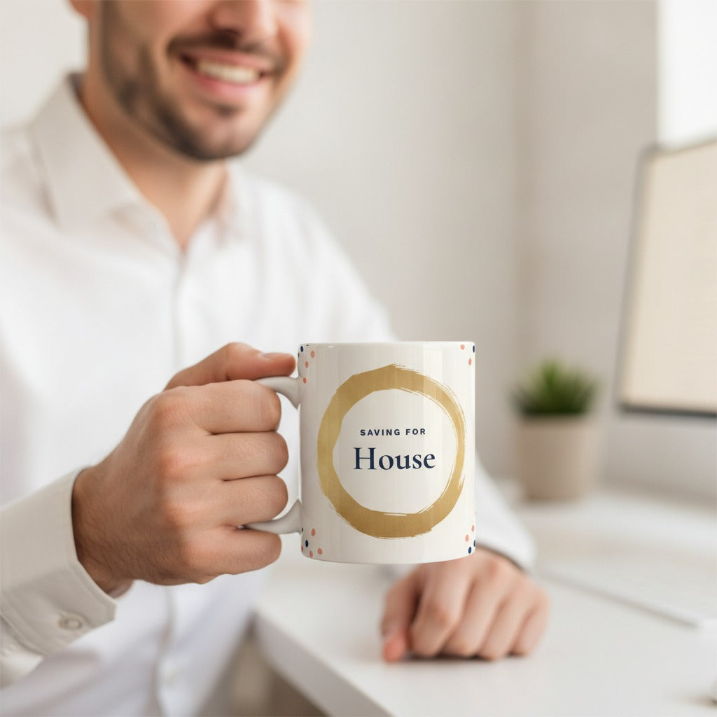 Personalized Savings Goal Mug, Gold Dream Big Saving For Coffee Mug, Custom House Fund or Travel Fund Gift