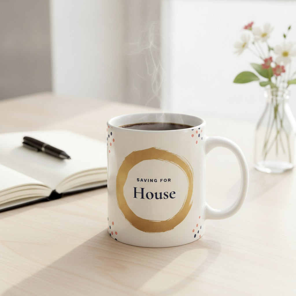 Personalized Savings Goal Mug, Gold Dream Big Saving For Coffee Mug, Custom House Fund or Travel Fund Gift