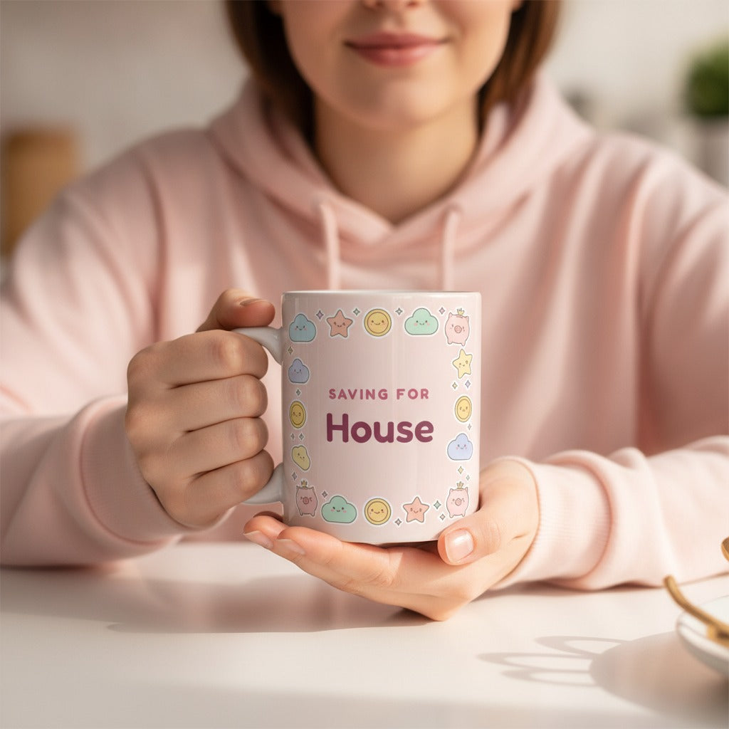 Personalized Savings Goal Mug, Cute Kawaii Coins Saving For Coffee Mug, Custom House Fund or Travel Fund Gift