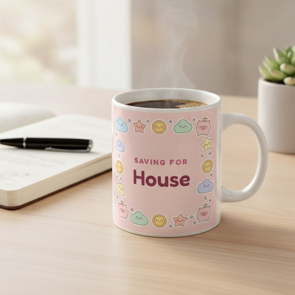 Personalized Savings Goal Mug, Cute Kawaii Coins Saving For Coffee Mug, Custom House Fund or Travel Fund Gift