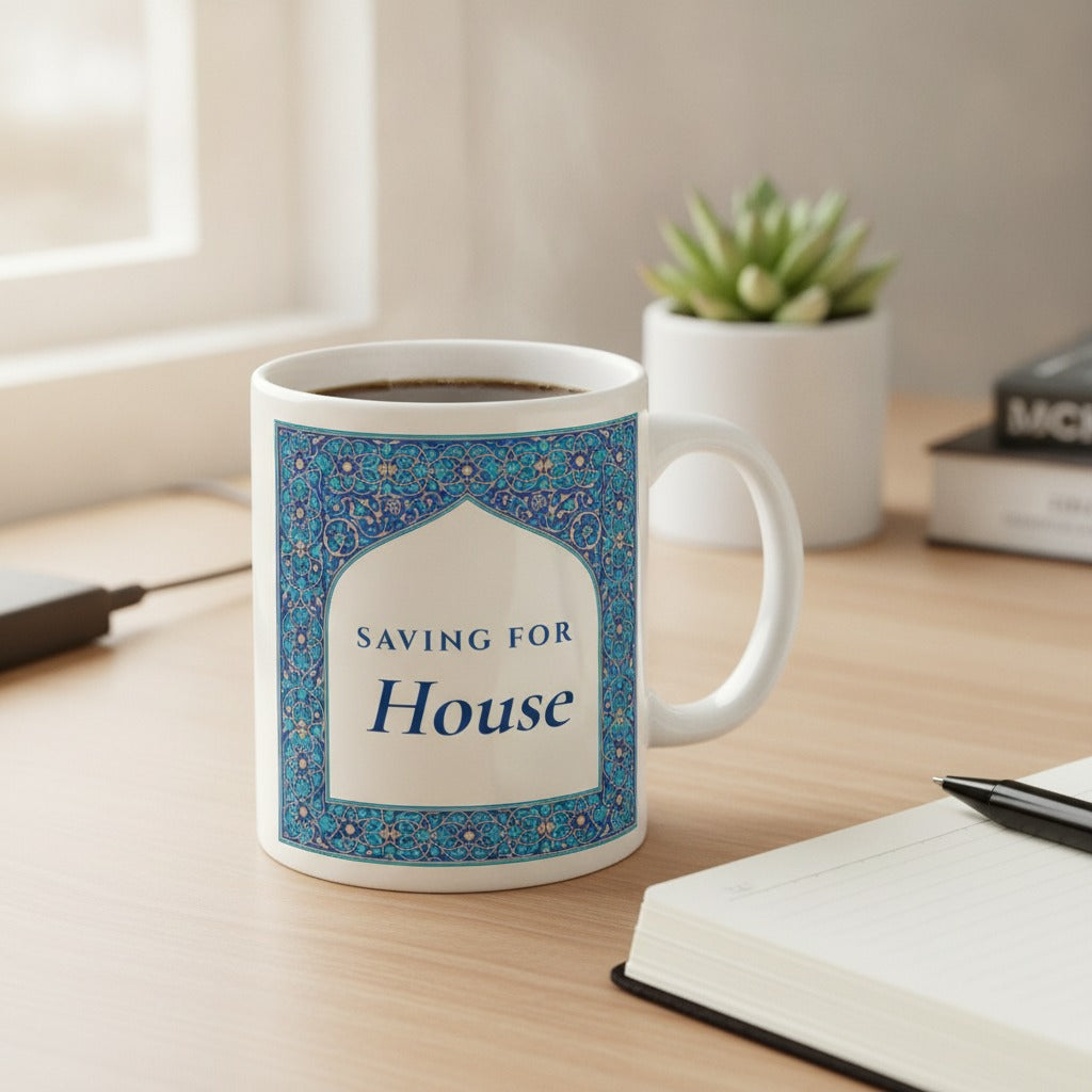 Personalized Savings Goal Mug, Persian Tile Coffee Mug, Custom House Fund Gift for Savers