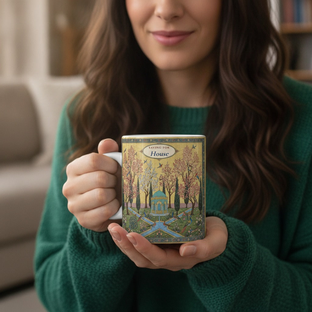 Personalized Savings Goal Mug, Persian Garden Art Mug, Custom House Fund Gift for Savers
