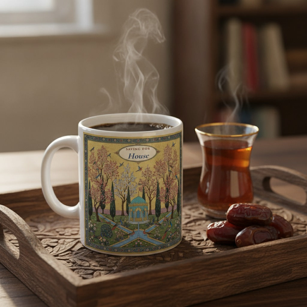 Personalized Savings Goal Mug, Persian Garden Art Mug, Custom House Fund Gift for Savers