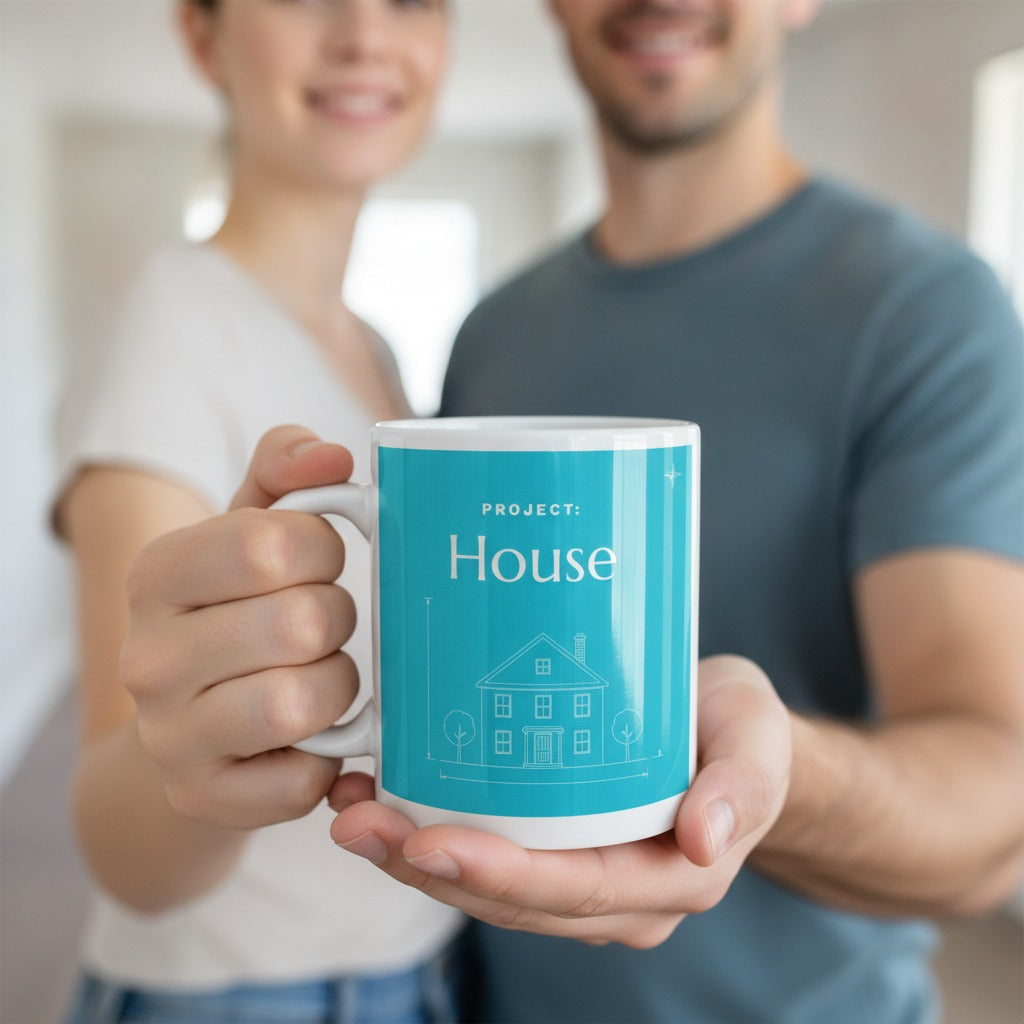 Personalized House Fund Mug, Blueprint House Coffee Mug, New Home Savings Goal Gift