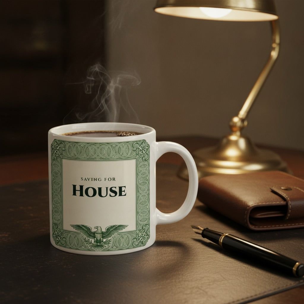 Premium Personalized Saving For Mug, Dollar Bill Savings Goal Mug, Custom House Fund Gift, Dream Car, Wedding, Travel Fund Mug