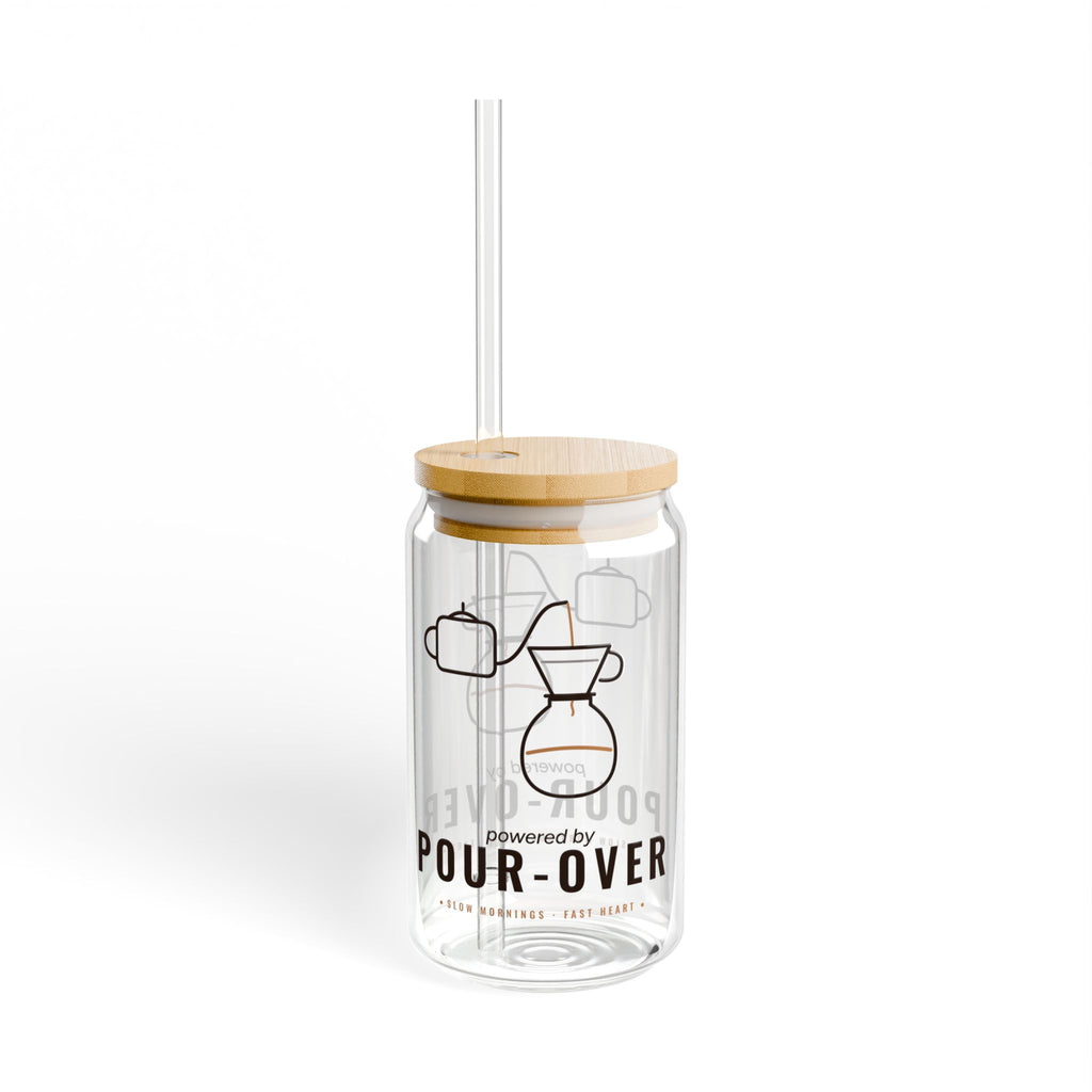 Coffee Lover Gift, Powered by Pour-Over Glass Cup, 16oz Can Glass with Lid and Straw, Pour Over Coffee Gift, Iced Coffee Cup