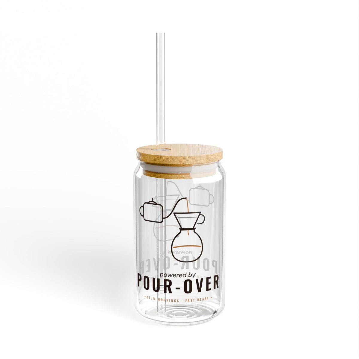Coffee Lover Gift, Powered by Pour-Over Glass Cup, 16oz Can Glass with Lid and Straw, Pour Over Coffee Gift, Iced Coffee Cup