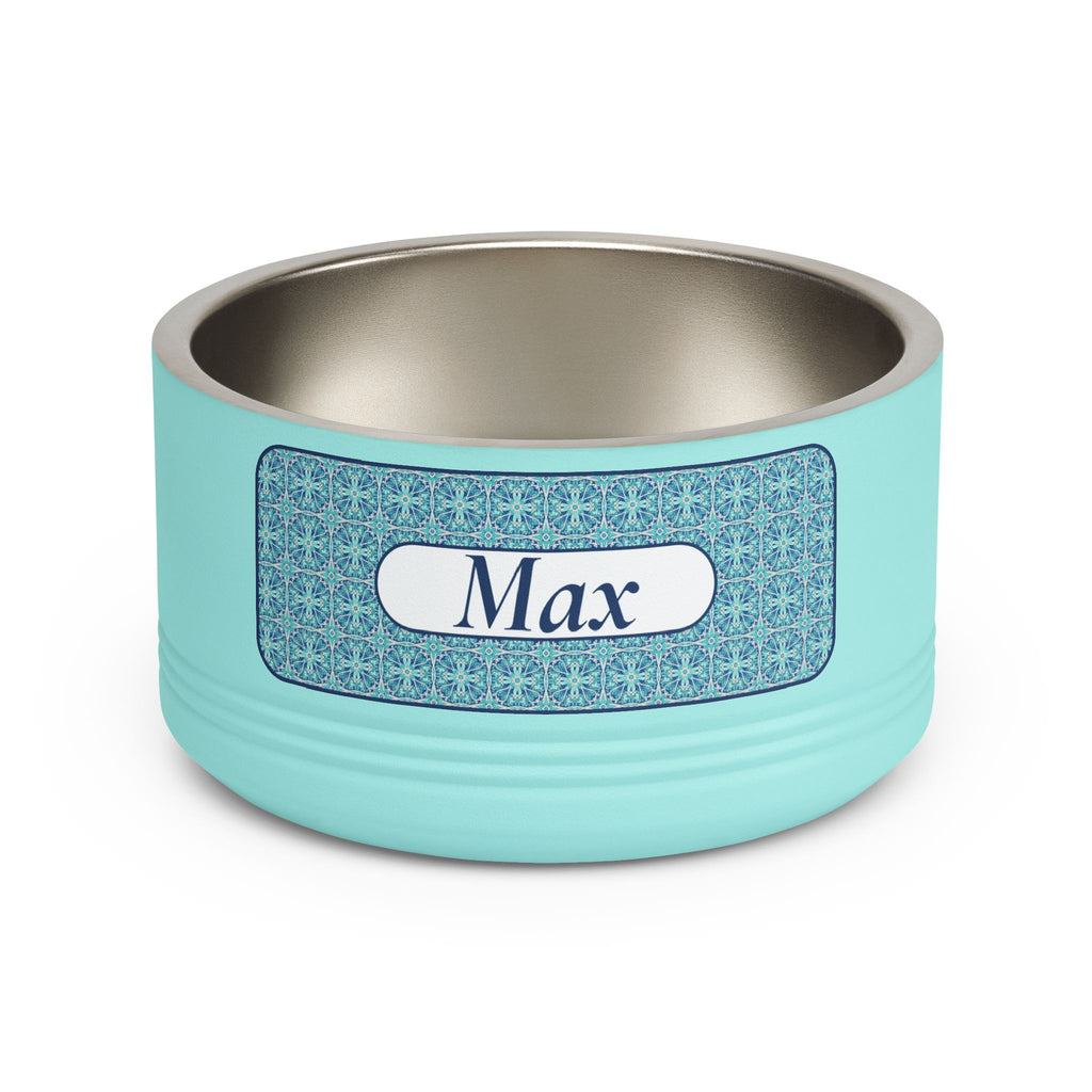 Personalized Dog Bowl with Name, Teal Stainless Steel Pet Bowl, Navy Tile Pattern Label, 18oz Custom Cat Food Bowl