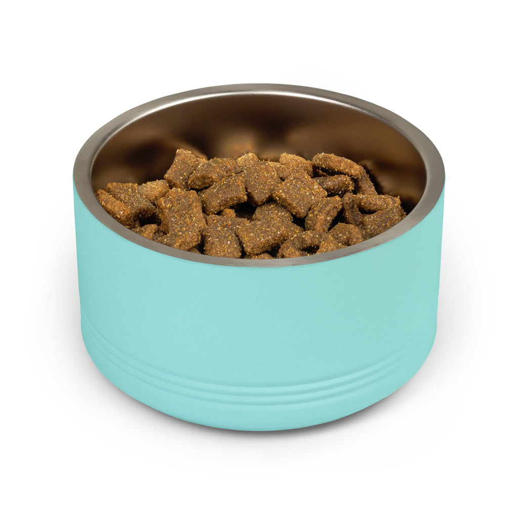 Personalized Dog Bowl with Name, Teal Stainless Steel Pet Bowl, Navy Tile Pattern Label, 18oz Custom Cat Food Bowl