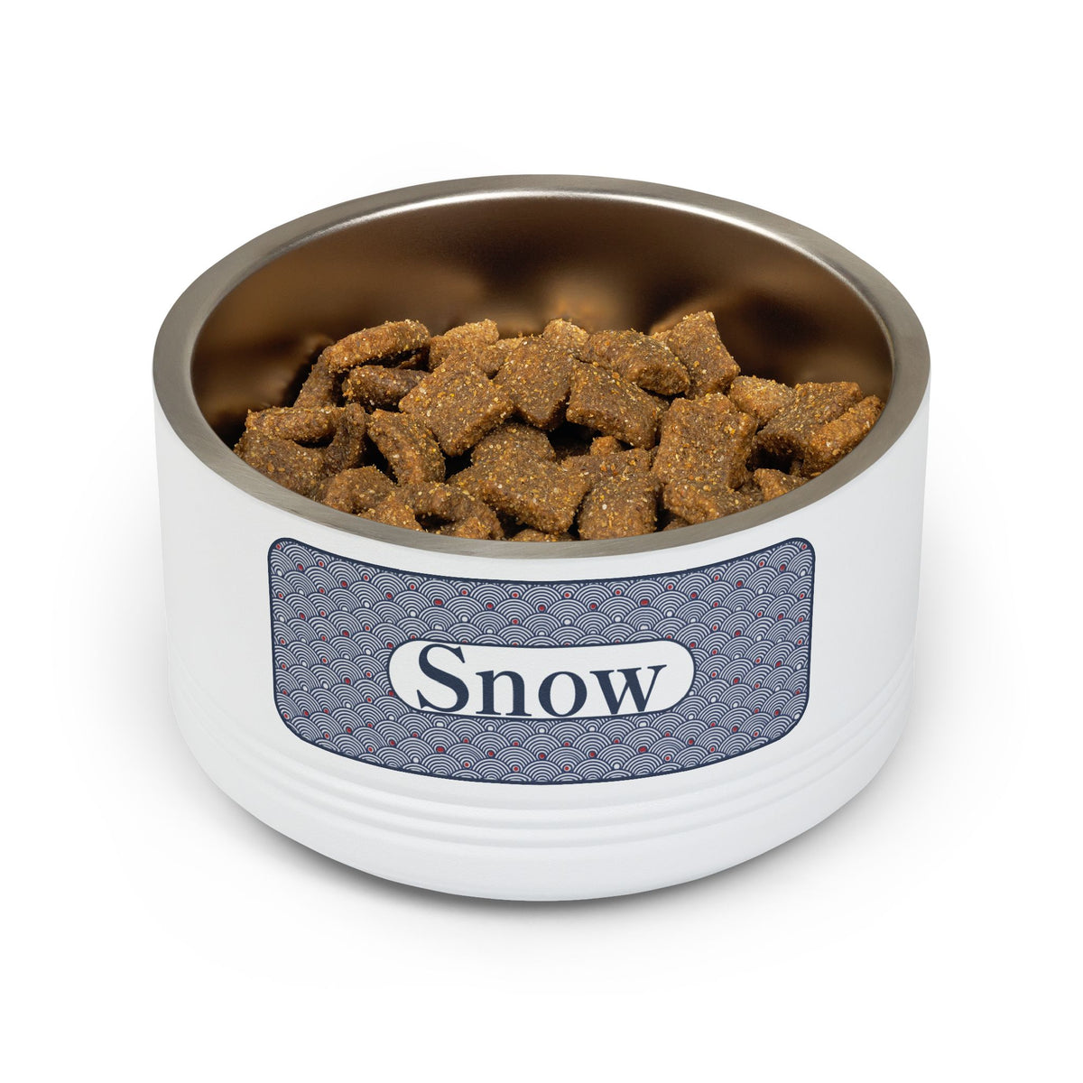 Personalized Dog Bowl with Name, White Stainless Steel Pet Bowl, Blue Wave Pattern Label, 18oz Custom Cat Food Bowl