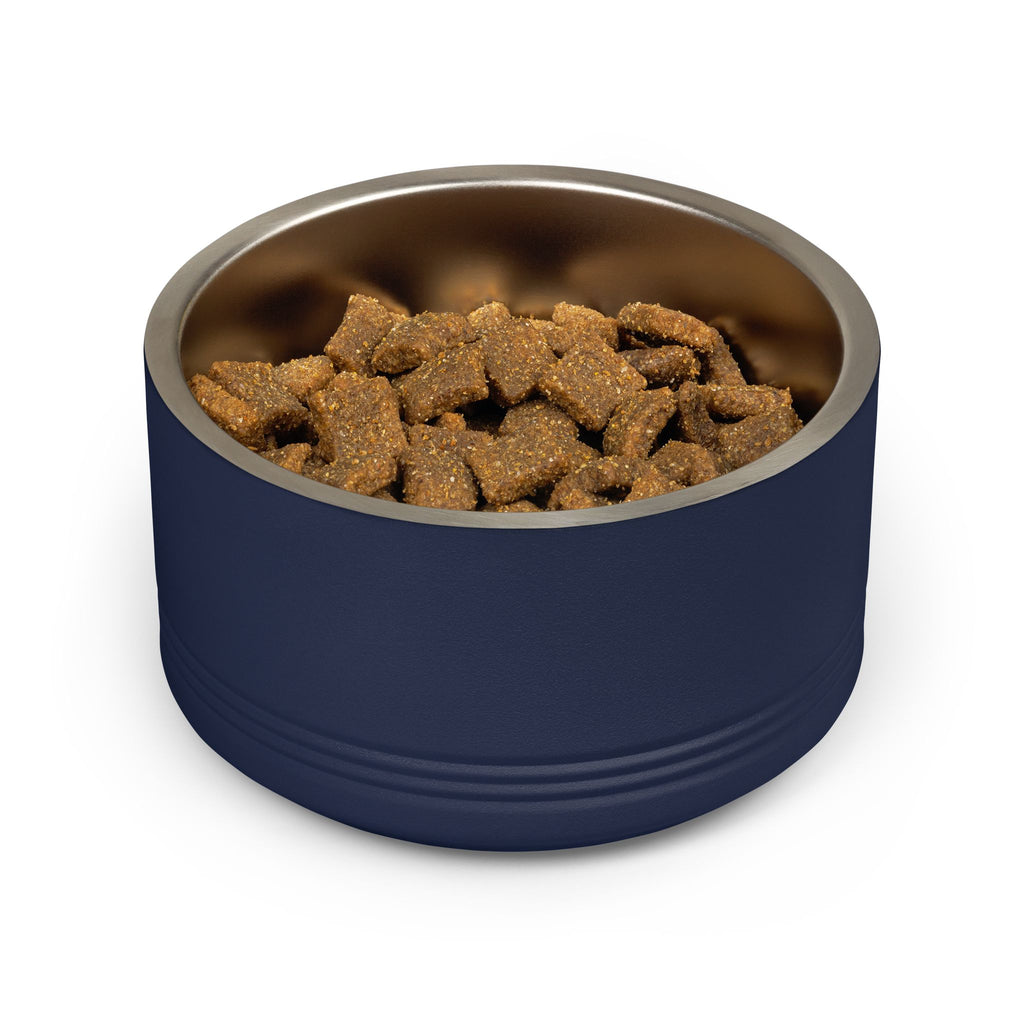 Personalized Dog Bowl with Name, Navy Stainless Steel Pet Bowl, Gold Art Deco Label, 18oz Custom Cat Food Bowl