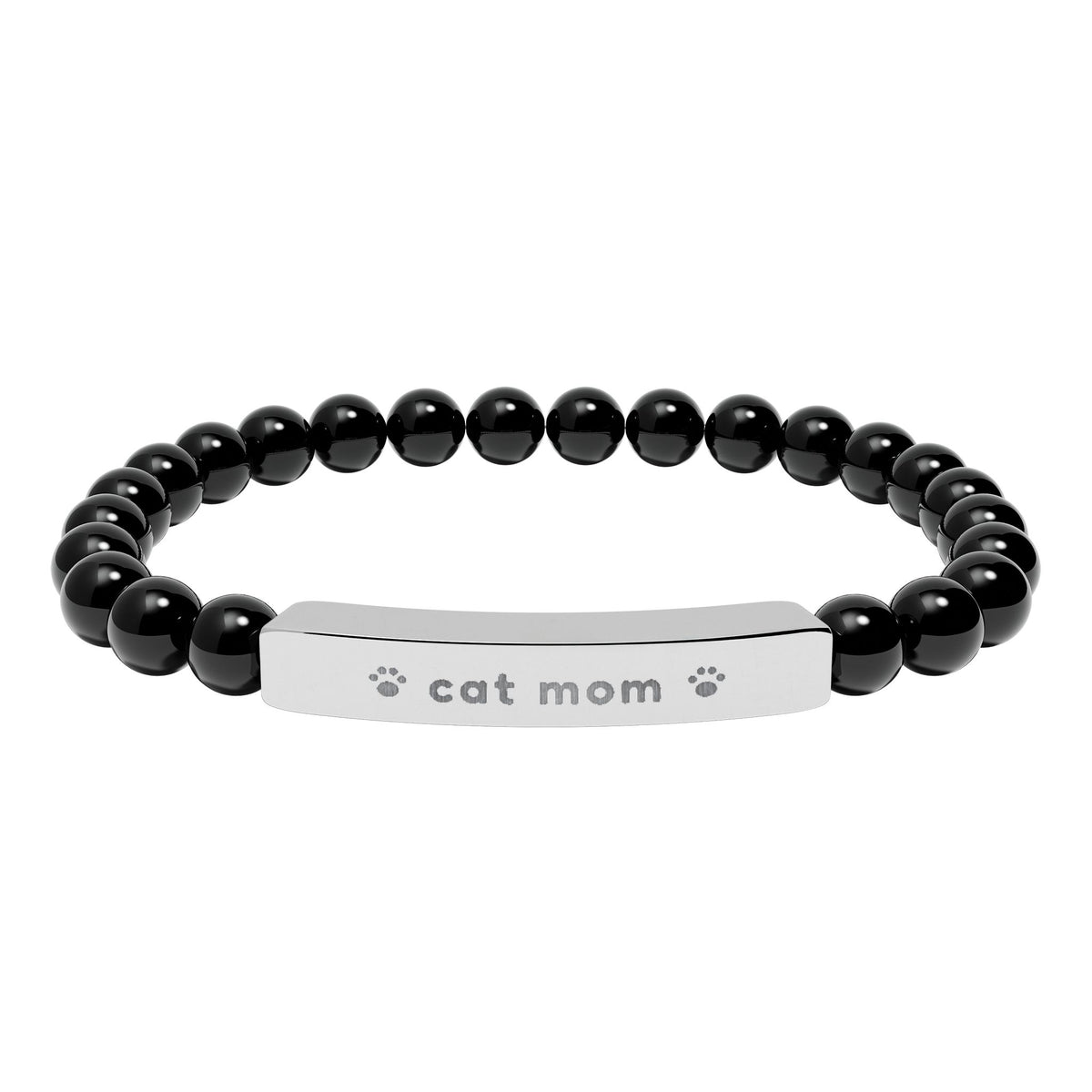 Cat Mom Bracelet, Engraved Natural Stone Bead Bracelet, Cat Lover Gift for Her, Paw Print Jewelry
