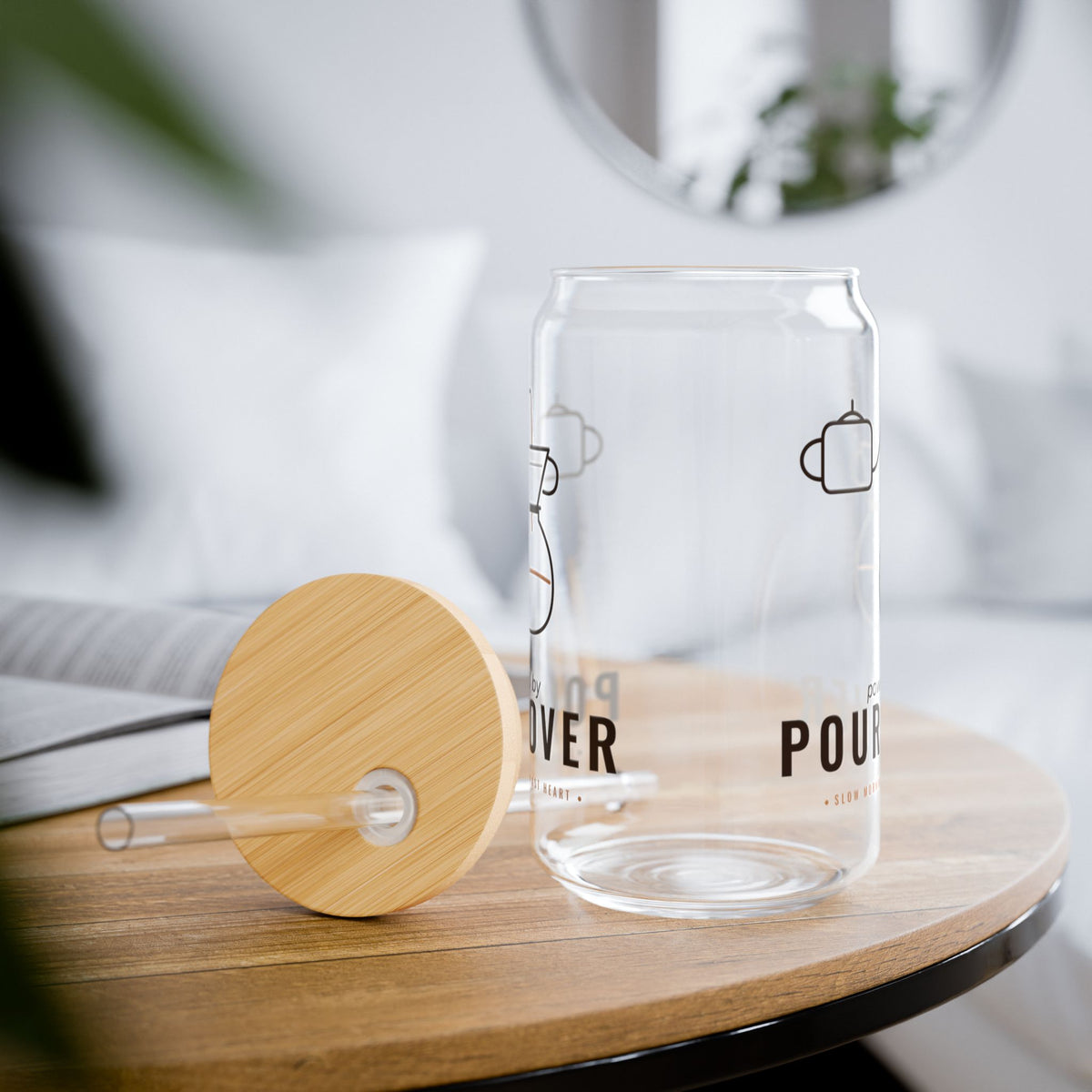 Coffee Lover Gift, Powered by Pour-Over Glass Cup, 16oz Can Glass with Lid and Straw, Pour Over Coffee Gift, Iced Coffee Cup