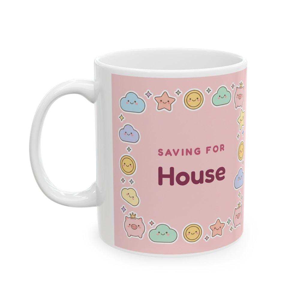 Personalized Savings Goal Mug, Cute Kawaii Coins Saving For Coffee Mug, Custom House Fund or Travel Fund Gift