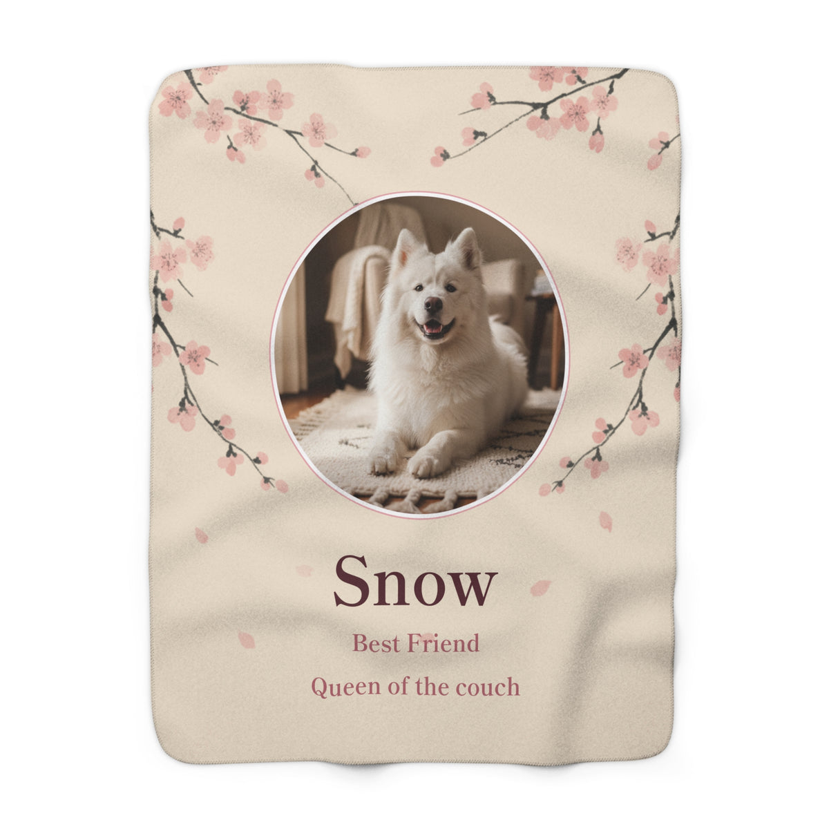 Premium Japanese Cherry Blossom Pet Photo Blanket, Sakura Custom Dog Blanket, Personalized Name Throw, Gift for Dog Mom
