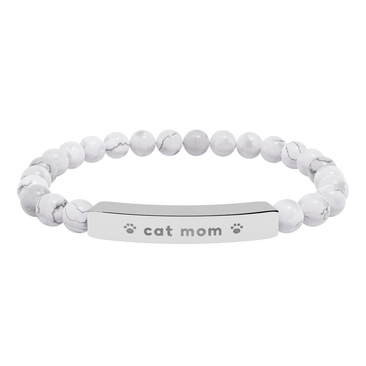 Cat Mom Bracelet, Engraved Natural Stone Bead Bracelet, Cat Lover Gift for Her, Paw Print Jewelry