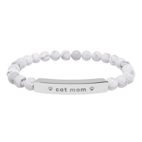 Cat Mom Bracelet, Engraved Natural Stone Bead Bracelet, Cat Lover Gift for Her, Paw Print Jewelry