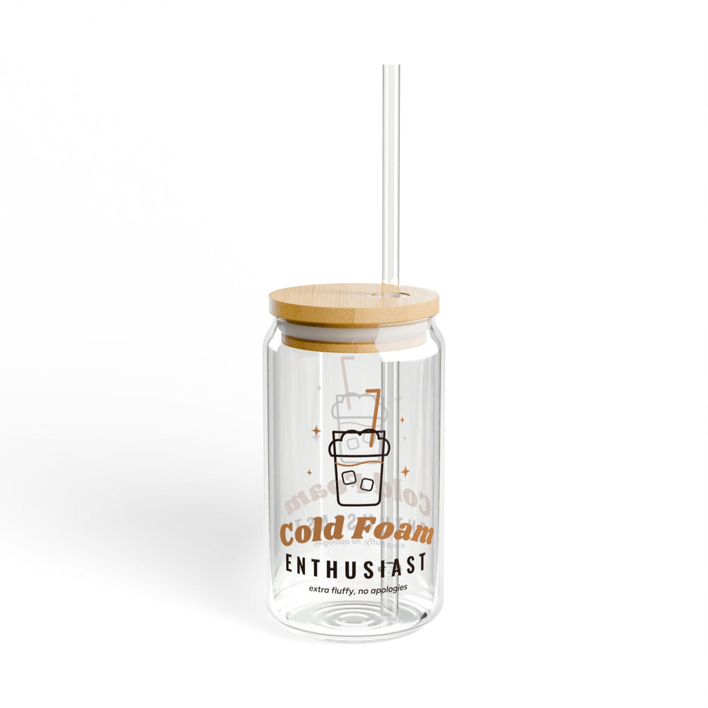 Iced Coffee Lover Gift, Cold Foam Enthusiast Glass Cup, 16oz Can Glass with Bamboo Lid and Straw, Cute Iced Latte Cup