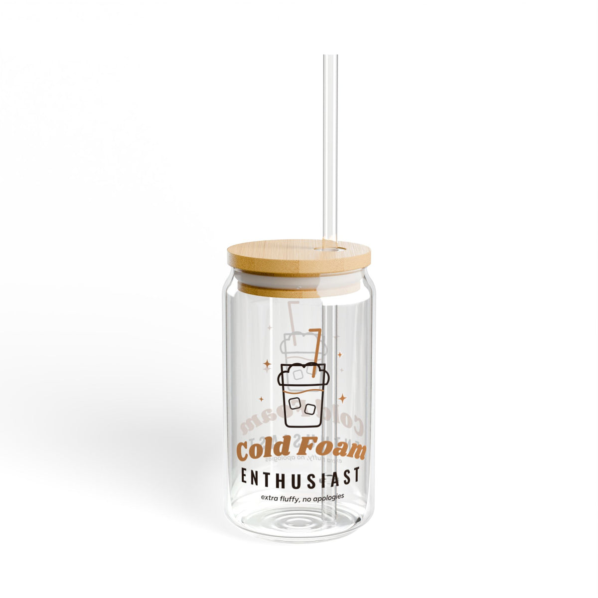 Iced Coffee Lover Gift, Cold Foam Enthusiast Glass Cup, 16oz Can Glass with Bamboo Lid and Straw, Cute Iced Latte Cup