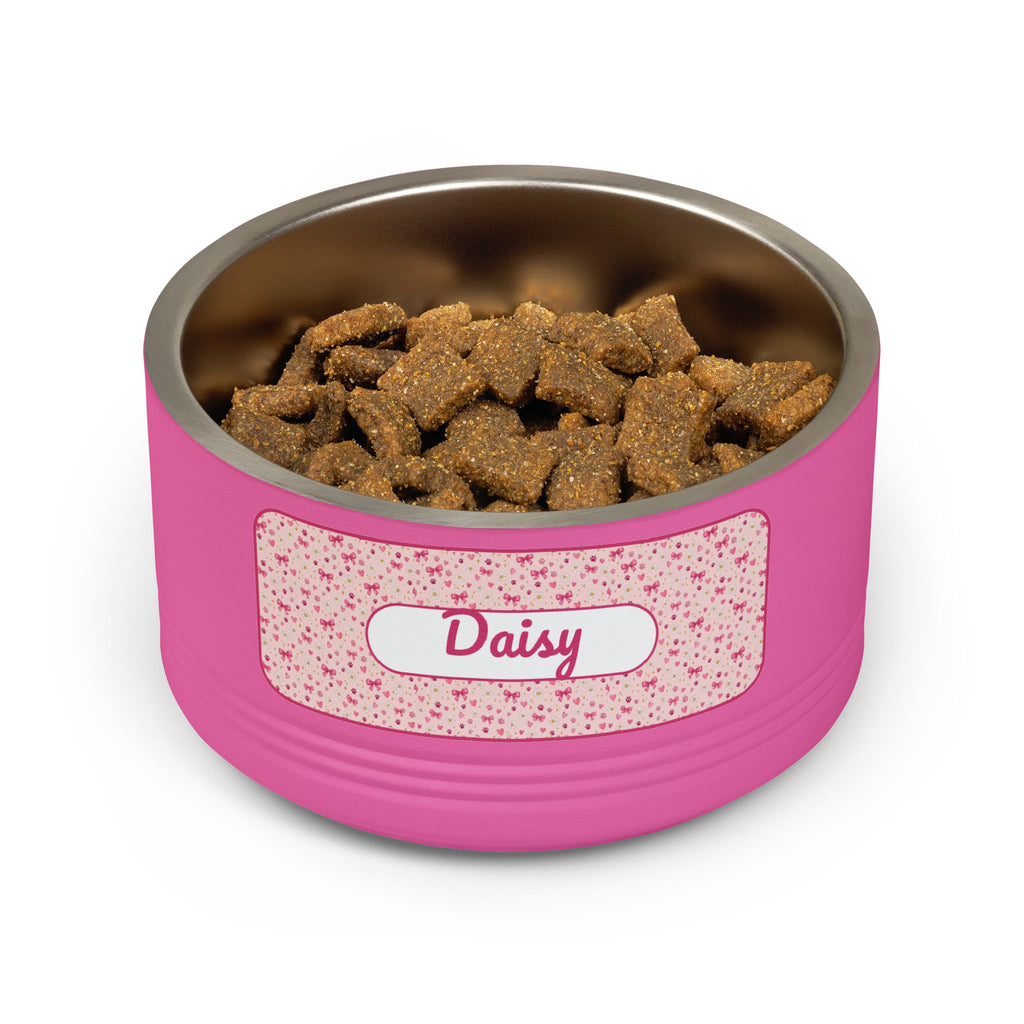 Personalized Dog Bowl with Name, Pink Stainless Steel Pet Bowl, Bow Pattern Label, 18oz Custom Cat Food Bowl