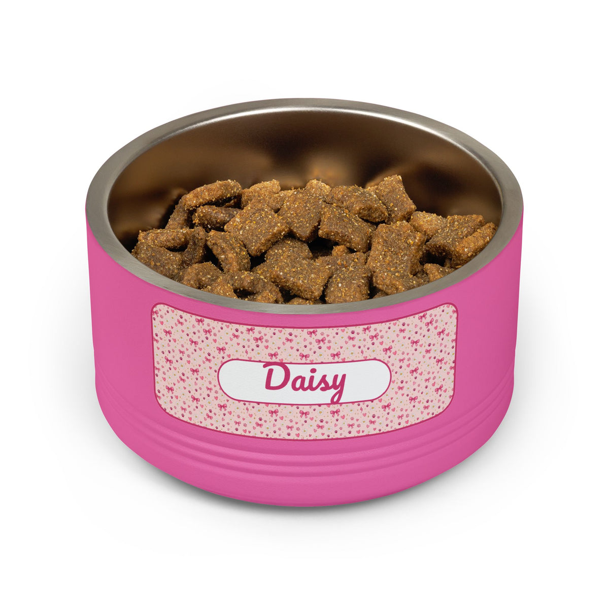 Personalized Dog Bowl with Name, Pink Stainless Steel Pet Bowl, Bow Pattern Label, 18oz Custom Cat Food Bowl