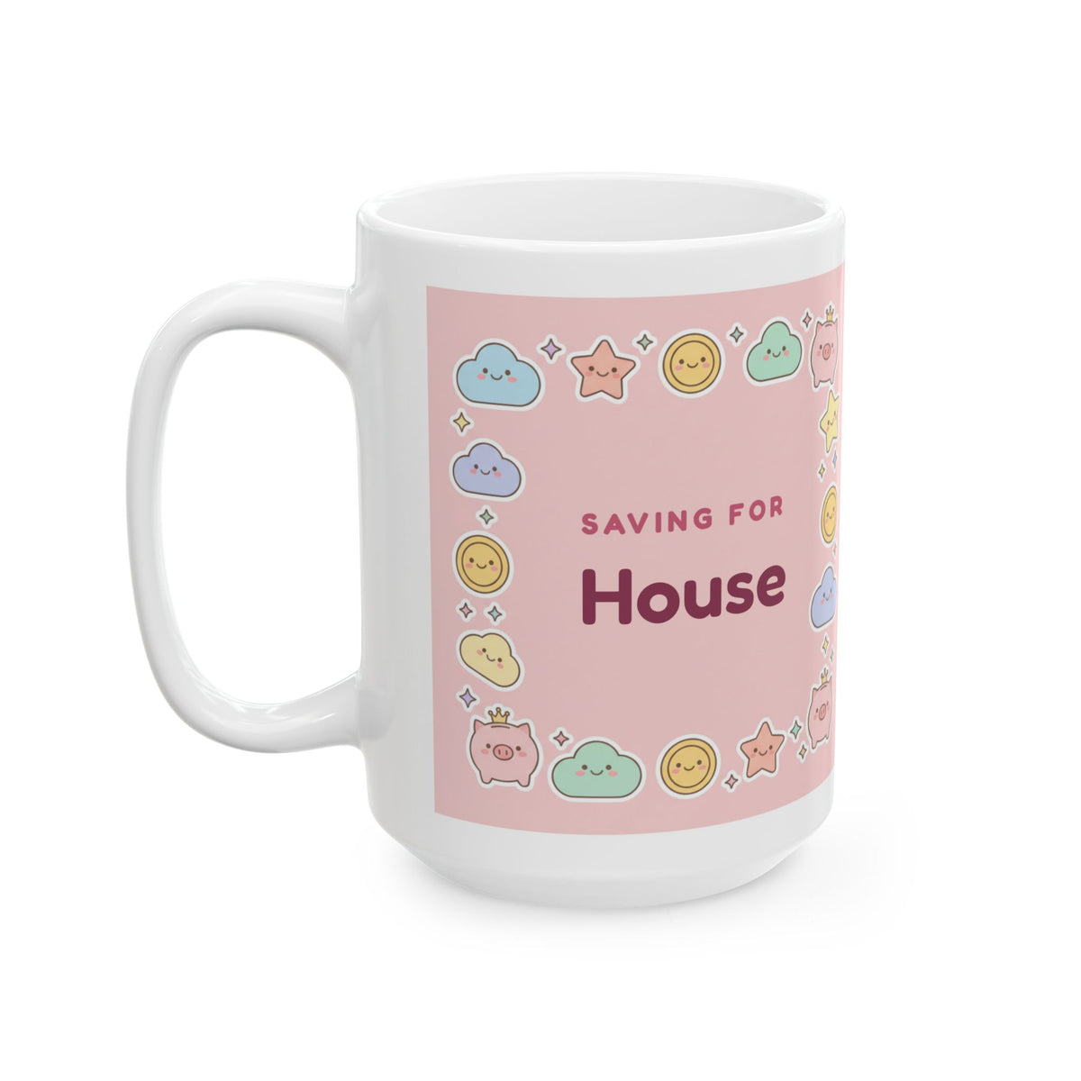 Personalized Savings Goal Mug, Cute Kawaii Coins Saving For Coffee Mug, Custom House Fund or Travel Fund Gift