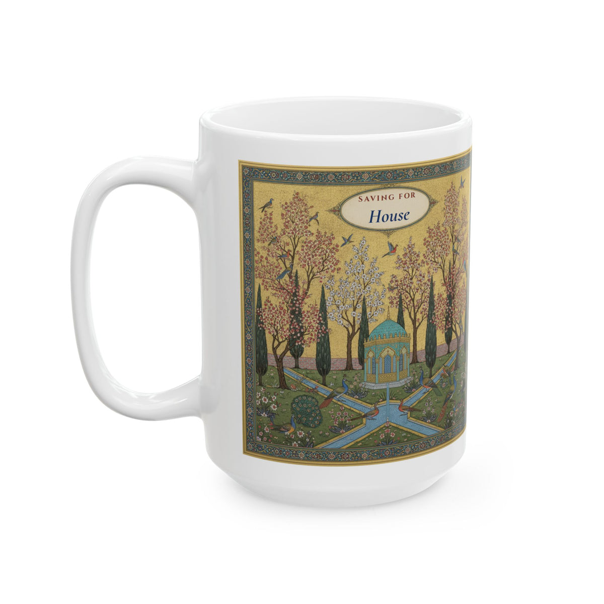 Personalized Savings Goal Mug, Persian Garden Art Mug, Custom House Fund Gift for Savers
