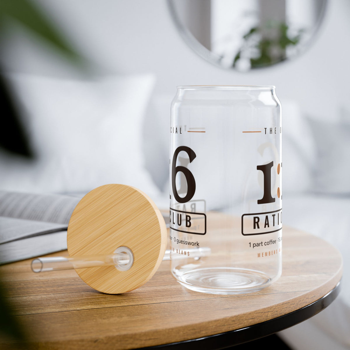 Coffee Nerd Gift, 1:16 Ratio Club Glass Cup, 16oz Can Glass with Bamboo Lid, Pour Over Coffee Ratio Gift, Iced Coffee Cup