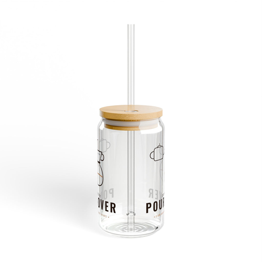 Coffee Lover Gift, Powered by Pour-Over Glass Cup, 16oz Can Glass with Lid and Straw, Pour Over Coffee Gift, Iced Coffee Cup