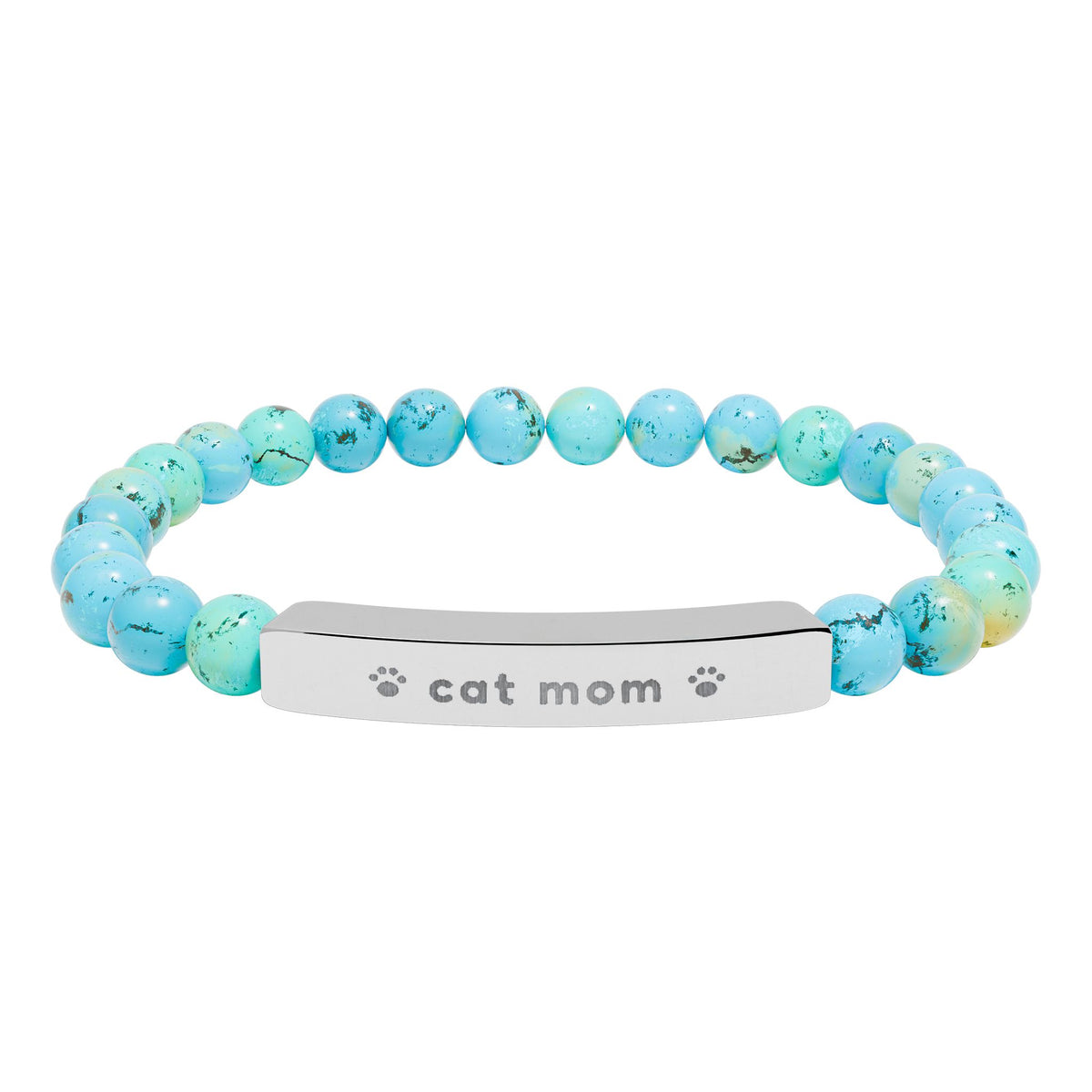 Cat Mom Bracelet, Engraved Natural Stone Bead Bracelet, Cat Lover Gift for Her, Paw Print Jewelry