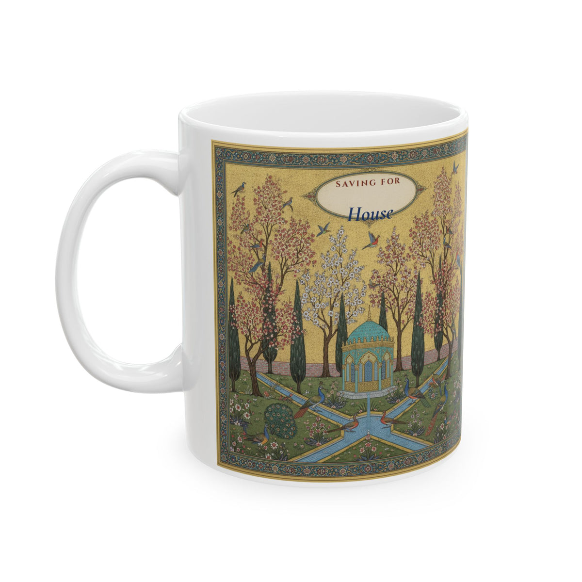 Personalized Savings Goal Mug, Persian Garden Art Mug, Custom House Fund Gift for Savers