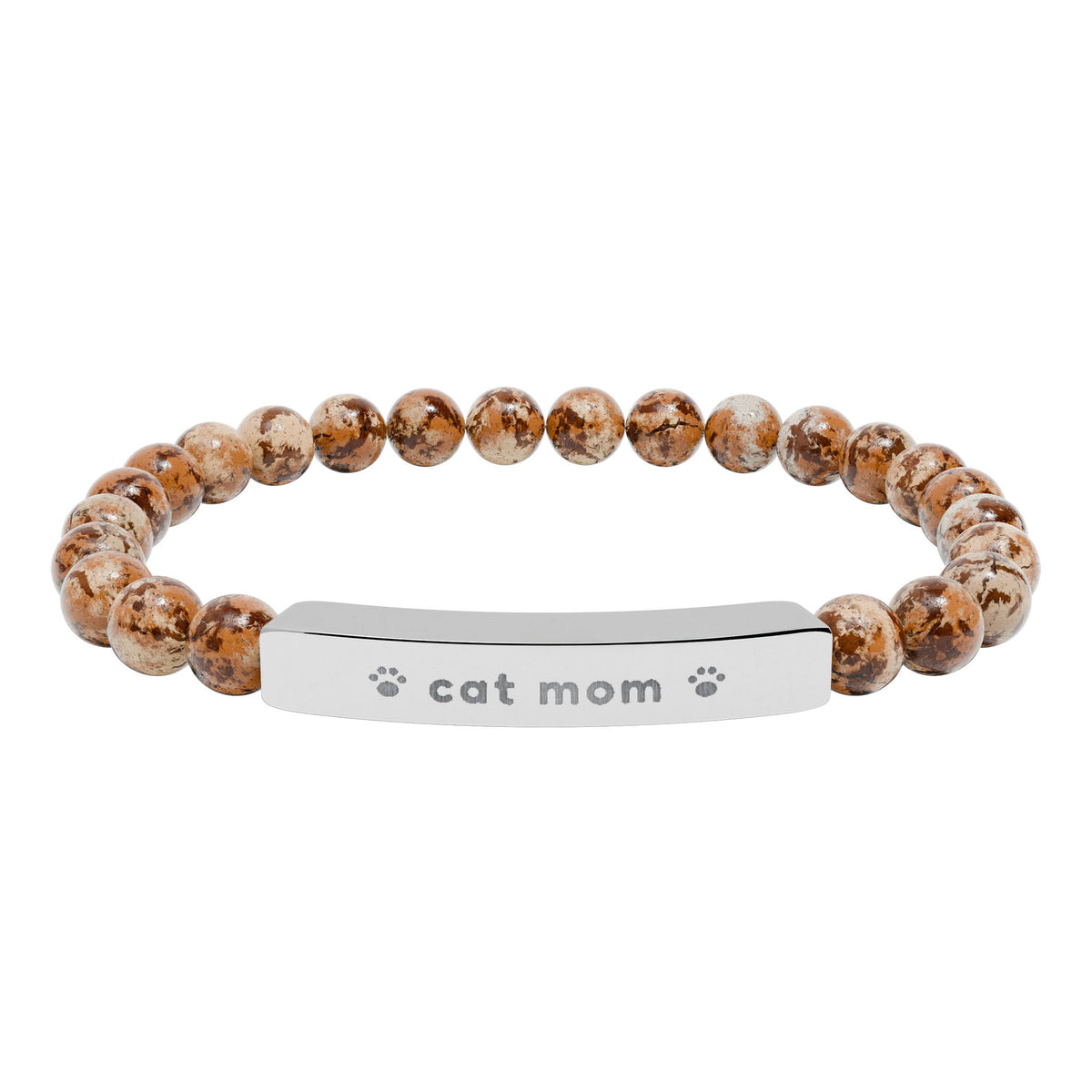 Cat Mom Bracelet, Engraved Natural Stone Bead Bracelet, Cat Lover Gift for Her, Paw Print Jewelry