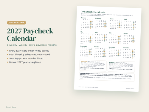 2027 Paycheck Calendar Printable: Biweekly Paydays & 3-Paycheck Months