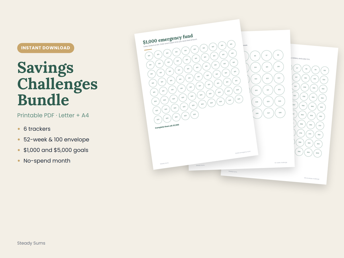Savings Challenge Printables: 52-Week, 100 Envelope & No-Spend